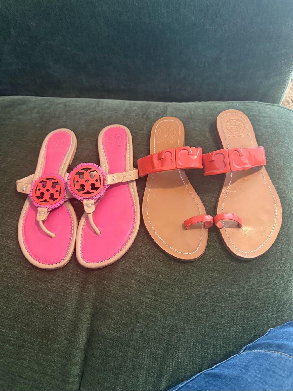 Tory Burch Pink and Orange Leather Slide Sandals set